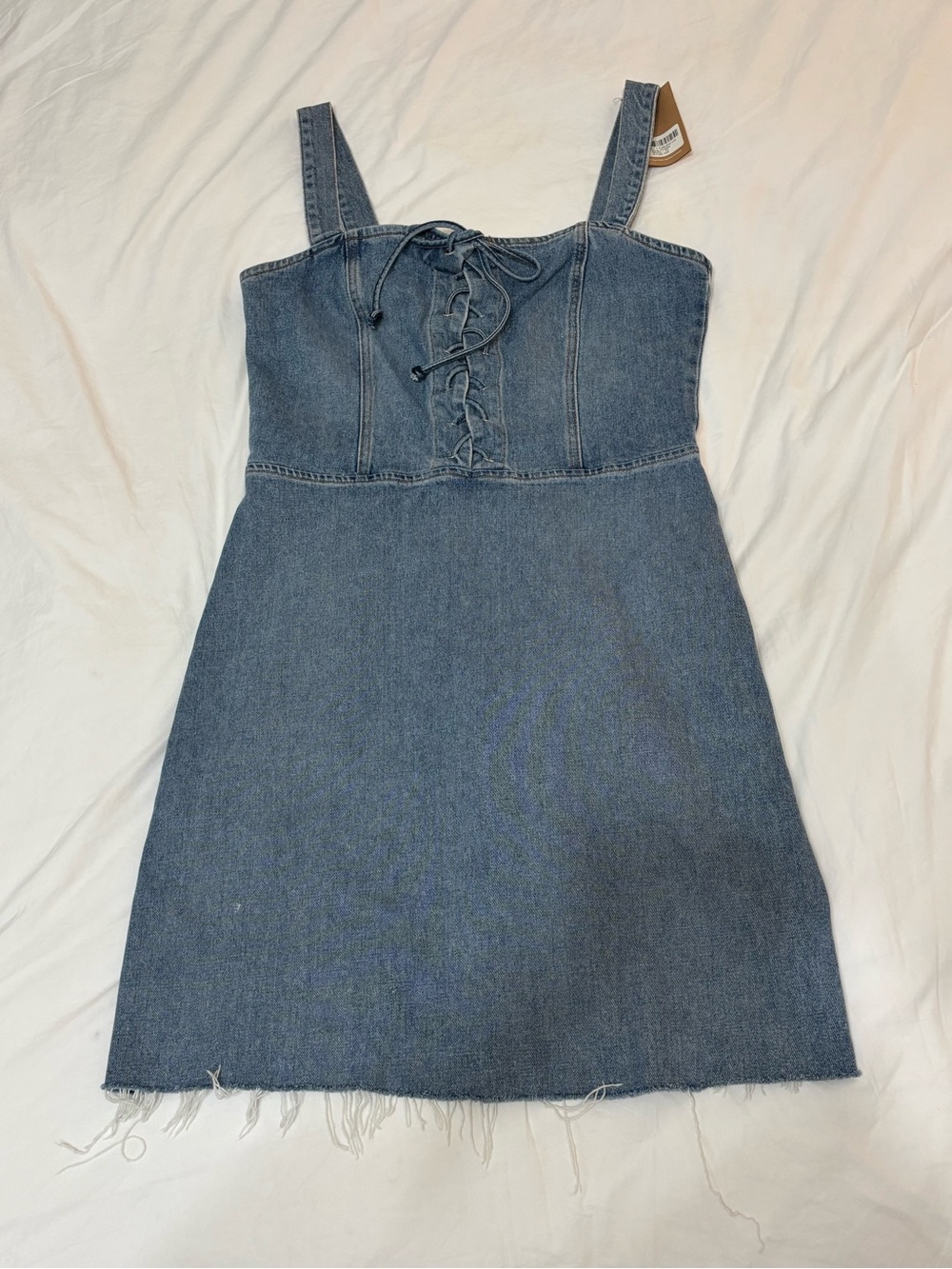 Reformation Light Wash Denim Mini Dress with Lace-Up Detail - Light Blue